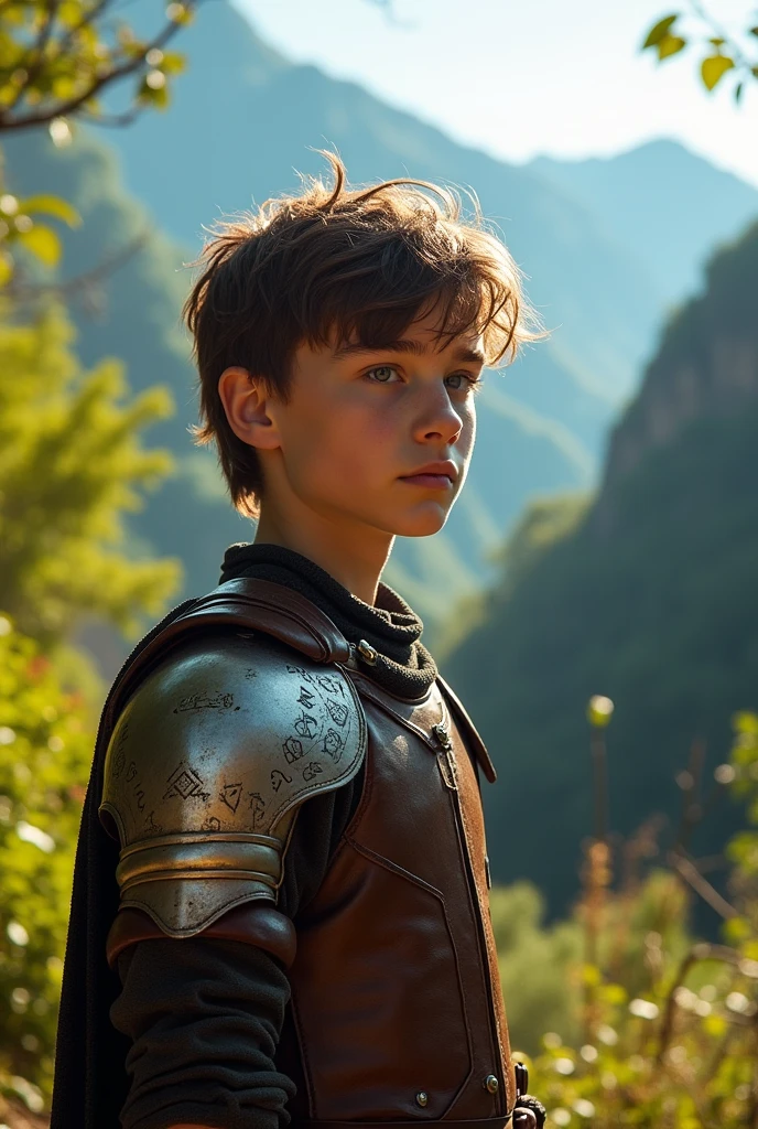 White man, adolescent, with brown and wavy hair, wearing leather armor