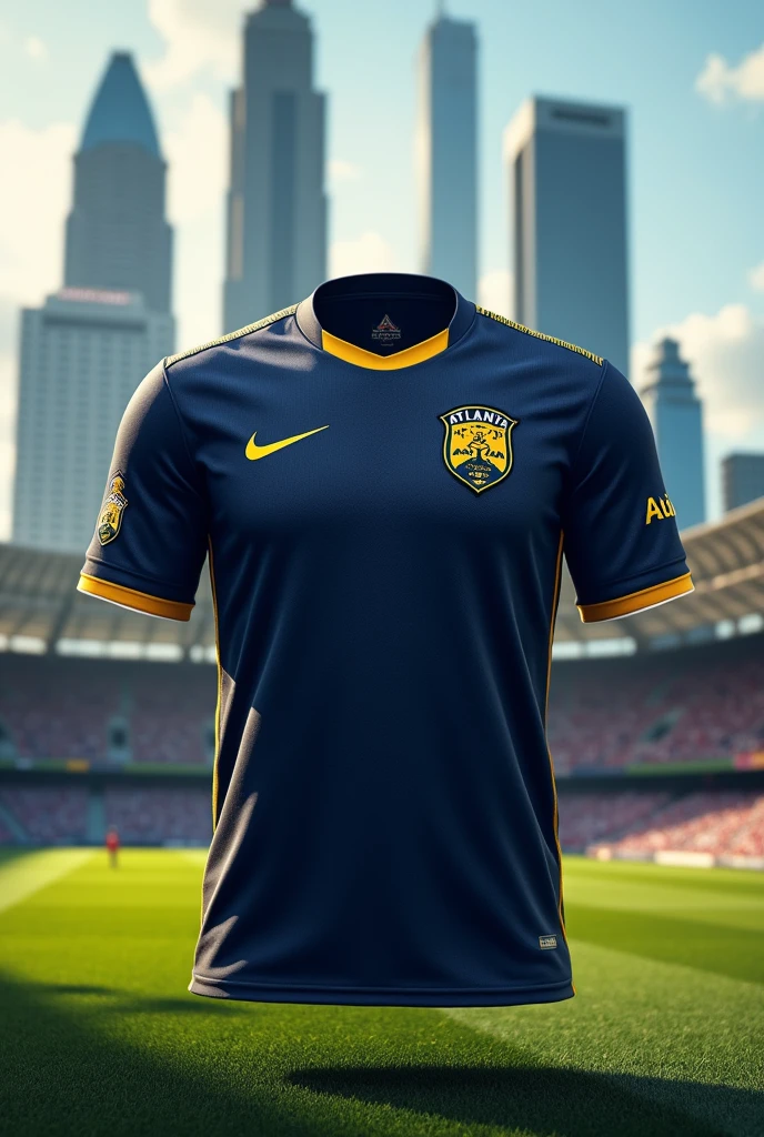 (Photorealism:1.2), atlanta city soccer jersey, dark navy blue with yellow details and well detailed
