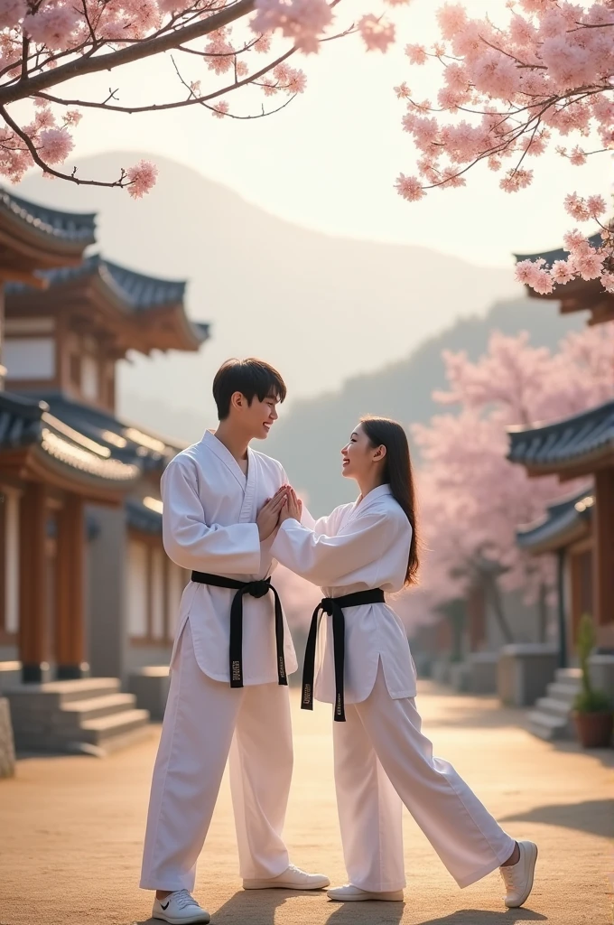 Korean couple in a village wearing Taekwondo clothes