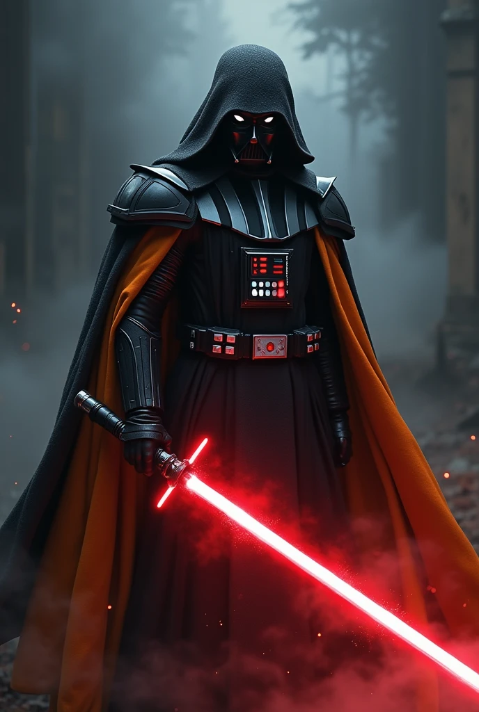 The app reddit as a Sith Lord from Star Wars, colors of the app (orange, white, black), orange black Cape, red lightsaber, creepy, scary, ultra-realistic