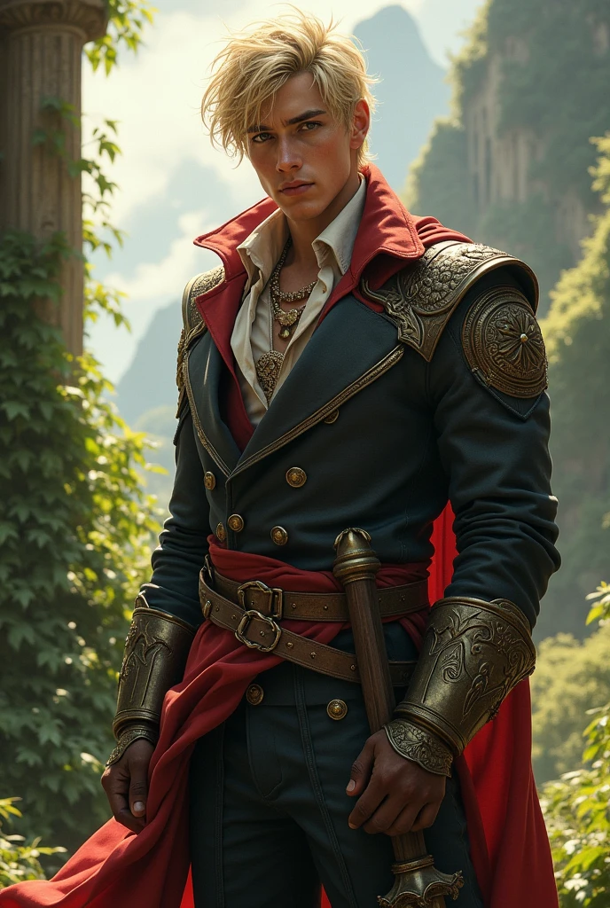 d character&d, paladin, naughty man, 24anos, average size, 1,82m, 85kg, offwhite, yellowish brown eyes, blond, narcissist, chic, of noble family, but finished