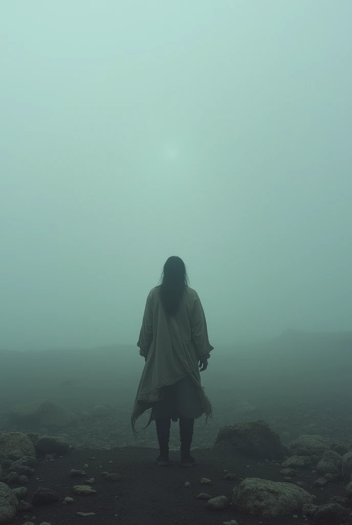 You could depict a solitary figure in a vast, desolate landscape, with a dense fog enveloping the surroundings. The figure may be looking towards a point on the horizon where the fog clears slightly., suggesting the hope of finding a safe place or connection amidst the desolation. This approach emphasizes searching and desire without showing direct physical contact..

simple drawing.