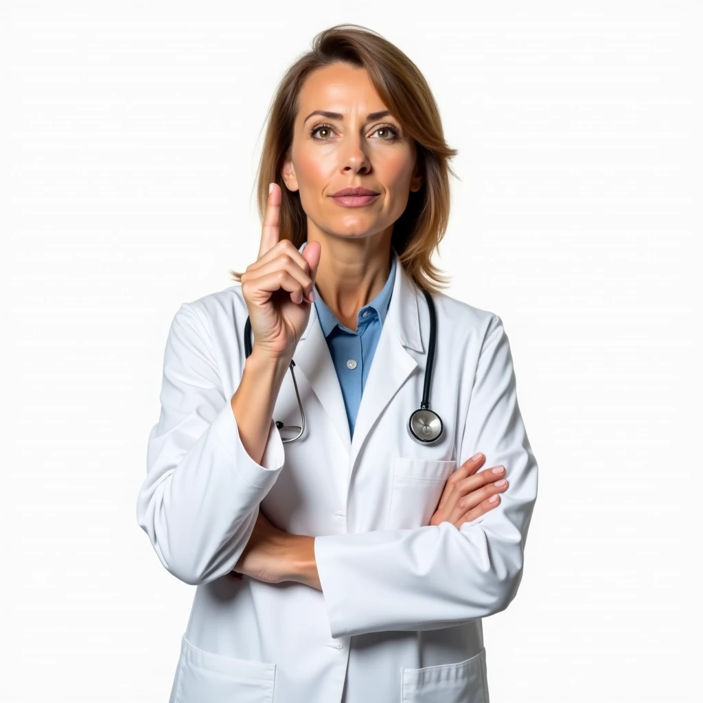 UMA MÉDICA MULHER DE MnoA-IDADE APONTANDO O DEDO PARA CIMA, AS IF YOU WERE GOING TO ASK A QUESTION, AS IF YOU SAID "no, teacher!". Background transparent. ultra-realistic.