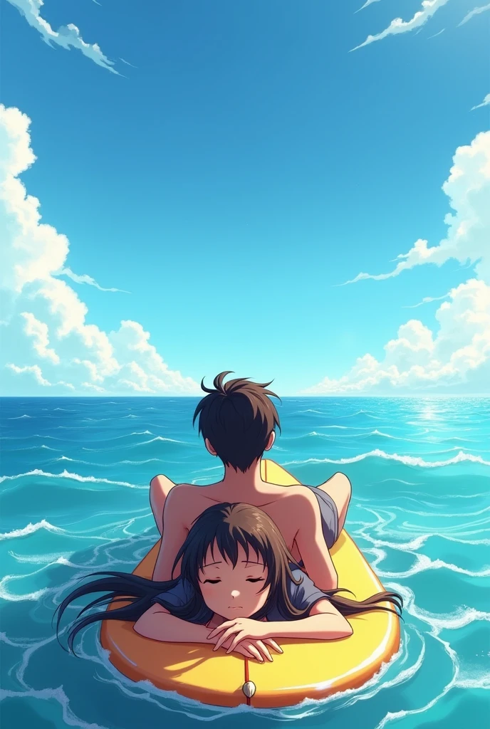 anime girl with dark brown hair lies belly down on a surfboard in the middle of the sea. her boyfriend lies on top of her with his eyes closed. they are both relaxed and enjoying themselves. the whole picture is from a third person, where you can only see their back and how they look into the distance of the sea