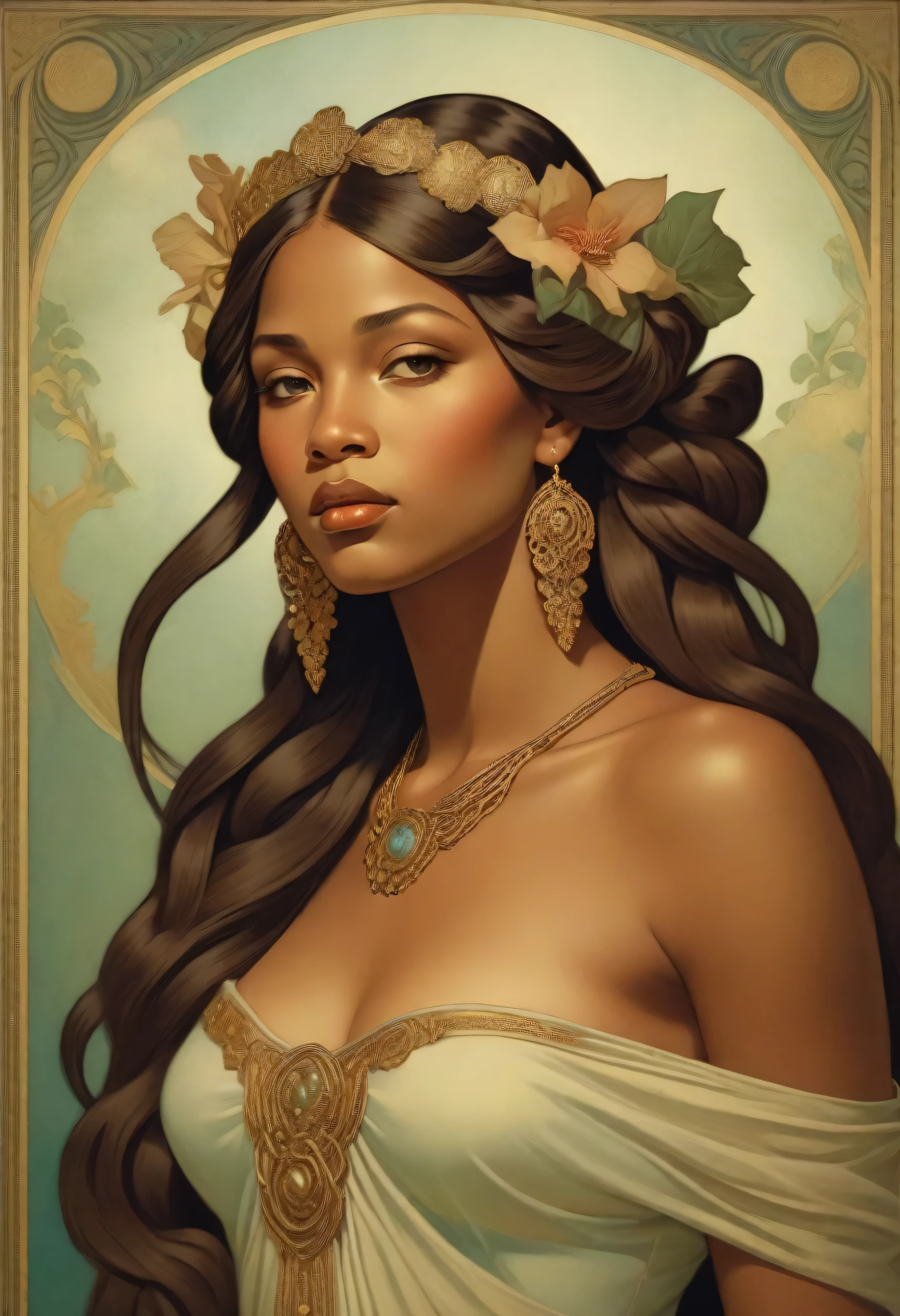 old (Masterpiece, Best Quality, Highres:1.2) Art Nouveau Style Beautiful African Woman with Long Braided Hair Shaped as Flowers and large necklaces in the Style of Alphonse Mucha, portrait of a beautiful cute, very beautiful, standing artistically, realistic natural, professional light distribution, very artistic lighting gradation, artistic detail, highly detailed, centered, Nymph-pattern vintage wallpaper with dramatic backlighting casting deep shadows, featuring a meticulously crafted illustration inspired by Dan Mumford and Alphonse Mucha, hyper-realistic and photorealistic textures, extremely detailed with intricate floral and foliage elements, octane rendered in 8K (extremely detailed 8k wallpaper), Golden ratio, hidden ancient African symbols (, Spiral), balanced design, color harmony, Vernis Martin, golden, ancient mythology, artistically twisted edges, reminiscent of old-world craftsmanship with a contemporary edge, volumetric lighting, ultra fine details.