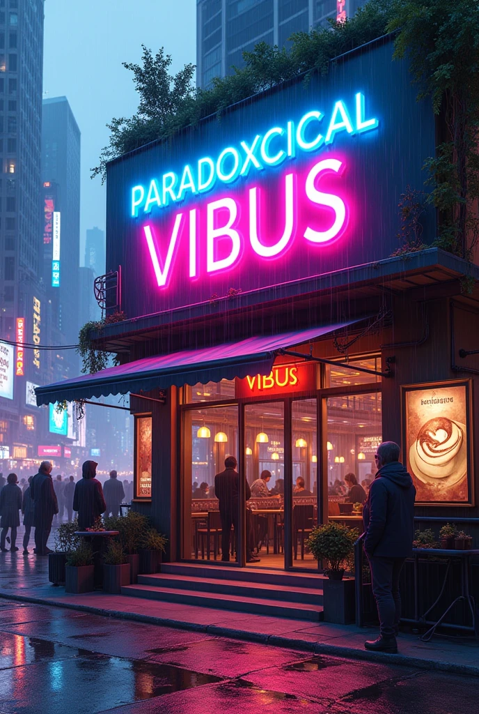 make a cyberpunk coffee house and above the coffee house which is written Paradoxical vibus on it and make it more realistic