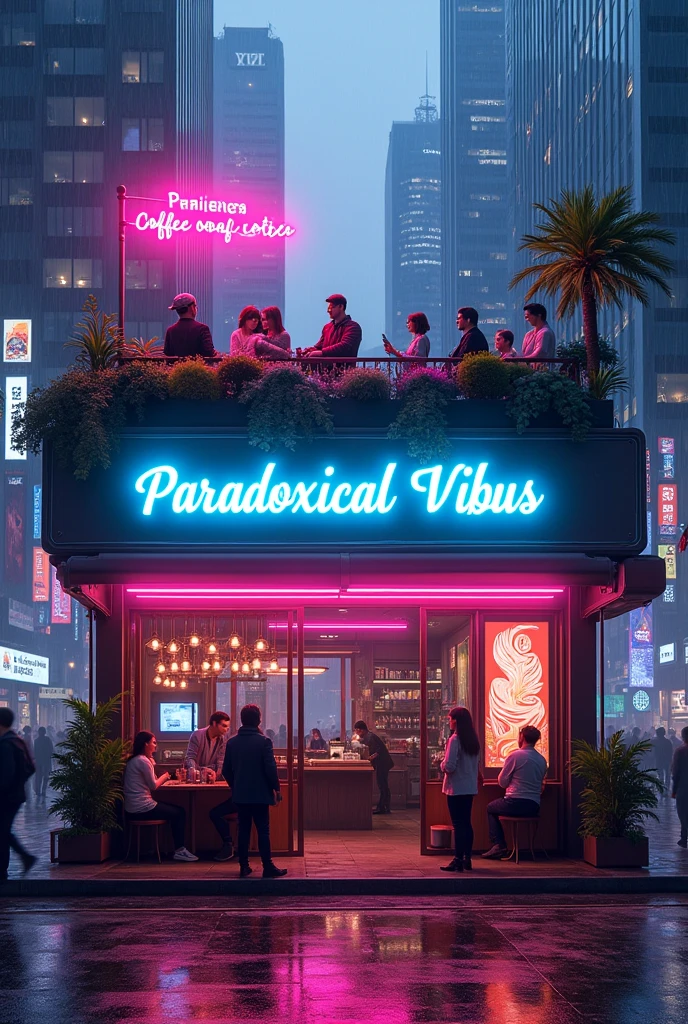 make a cyberpunk coffee house and above the coffee house which is written Paradoxical vibus on it and make it more realistic