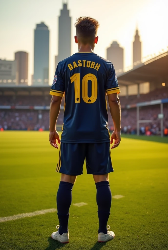 (Photorealism:1.2), atlanta city soccer jersey, dark navy blue with yellow details and well detailed
