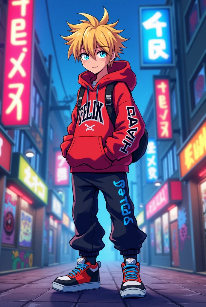 Felix from Stray kids kpop in anime and have his name in the images 
