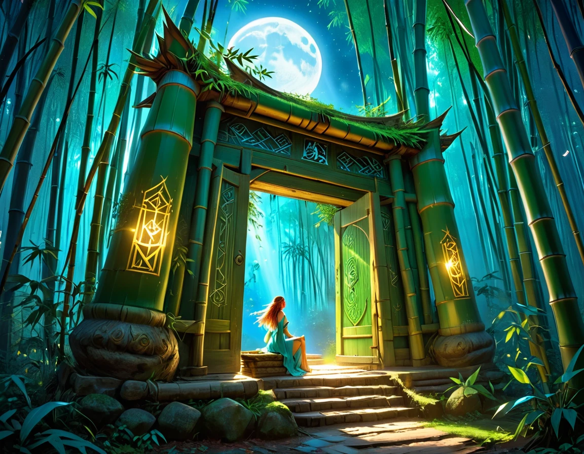  picture of a human sorceress sittings in (bamboo forest: 1.3), opening a large magical doorway, with magical runes on it, looking into the (heavens: 1.3), fantasy art, RPG art, an epic beautiful human woman, (ultra detailed face: 1.4)  dynamic hair color, dynamic hair style, dynamic eyes color, dynamic dress (best details, Masterpiece, best quality), bamboo, the magical doorway opens into the heavens and you can see angels flying, glowing arcane sigils GlowingRunes_paleblue, fantasy bamboo forest at night, moon light, moon rays, stars, Ultra-high resolution, High Contrast, (masterpiece:1.5), highest quality, Best aesthetics), 16K fantasy art, best details, best quality, highres, (ultra wide angle: 1.2), 16k, [ultra detailed], masterpiece, best quality, (extremely detailed), 
