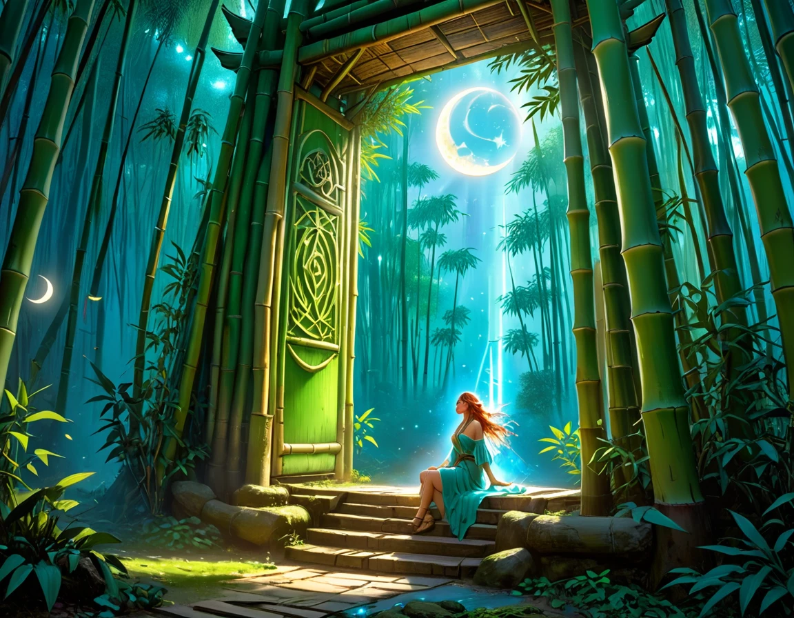  picture of a human sorceress sittings in (bamboo forest: 1.3), opening a large magical doorway, with magical runes on it, looking into the (heavens: 1.3), fantasy art, RPG art, an epic beautiful human woman, (ultra detailed face: 1.4)  dynamic hair color, dynamic hair style, dynamic eyes color, dynamic dress (best details, Masterpiece, best quality), bamboo, the magical doorway opens into the heavens and you can see angels flying, glowing arcane sigils GlowingRunes_paleblue, fantasy bamboo forest at night, moon light, moon rays, stars, Ultra-high resolution, High Contrast, (masterpiece:1.5), highest quality, Best aesthetics), 16K fantasy art, best details, best quality, highres, (ultra wide angle: 1.2), 16k, [ultra detailed], masterpiece, best quality, (extremely detailed), 
