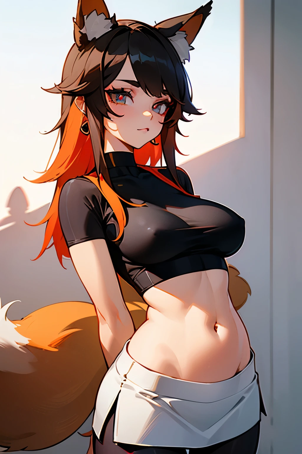 ((Masterpiece))), (((Best Quality))), Ultra High Resolution, Caustics, Detailed, (Beautiful Detailed Eyes),Perfect Anatomy, Eyeliner, nsfw, (Fox ears), multicolor hair ,Facial details, Red Eyeshadow, Large Breasts, pantyhose, solo, short top, sports Shorts, black tight, tight stripe , long socks, large earrings, detailed pupil, choker with locker, ((black crop top, thin material, mini skirt)), open waist, (perfect symmetrical body)