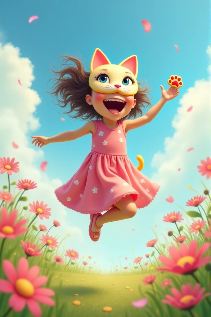 Create an image of a girl wearing a kitty mask with a cookie in her hand jumping happily