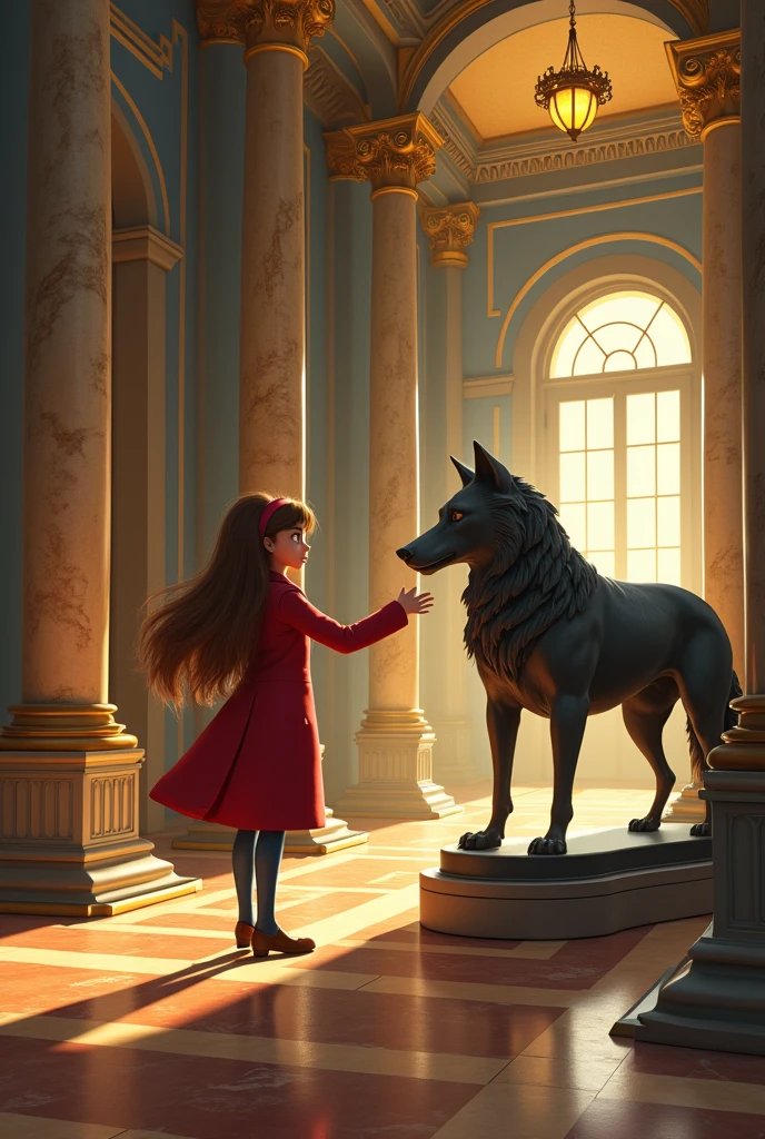 Subrealistic and animated A whimsical animated image of a young woman with brown hair, bright and frightened hazel eyes, Standing in a grand museum gallery between ornate marble columns and intricate tile floors, Surrounded by luxurious chandeliers that cast a warm golden light. She is dressed in a red coat. in front of her, on a pedestal, There is a magnificent statue of an iron wolf. She looks and touches the statue. The general atmosphere is one of quiet wonder., with a sense of lost elegance and forgotten grandeur.