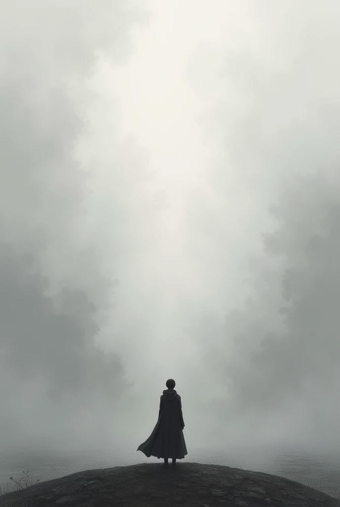 You could depict a solitary figure in a vast, desolate landscape, with a dense fog enveloping the surroundings. The figure may be looking towards a point on the horizon where the fog clears slightly., suggesting the hope of finding a safe place or connection amidst the desolation. This approach emphasizes searching and desire without showing direct physical contact..
Do it in drawing style, Let it be simple.