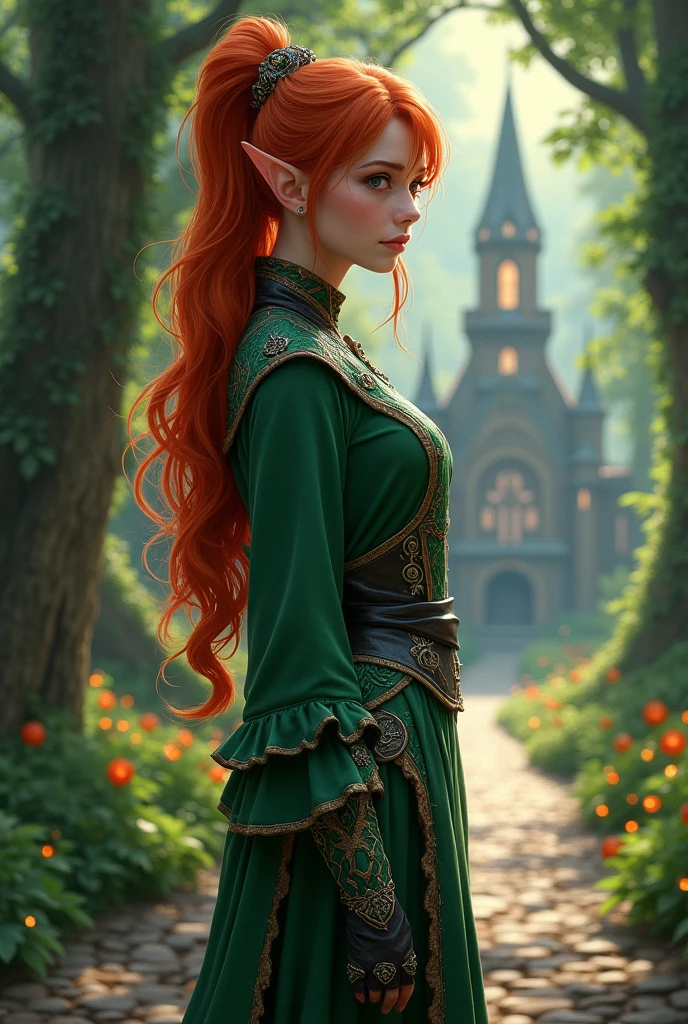 A fantasy female elf with red hair, two pigtails academy clothes "Change"