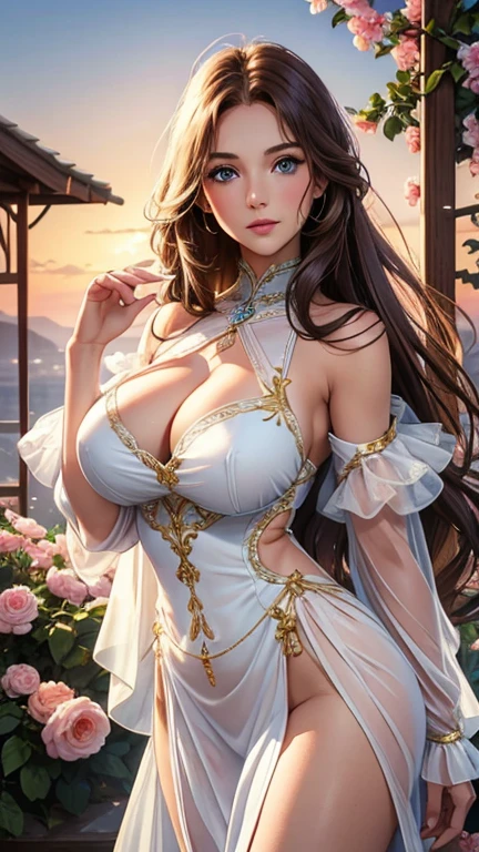Highest quality, 30-year-old woman, Huge breasts, Brown long hair, blue eyes, A revealing thin white dress, sunset, Upper Body, sexy, Angelic, Thin fabric, See through, God's Rays, Fluffy Clouds, Colorful flower garden,
