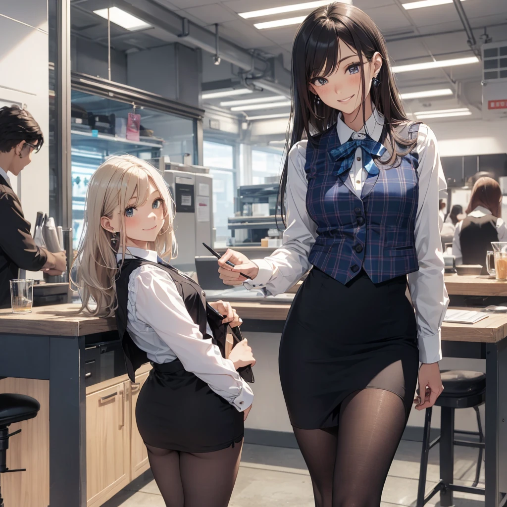 (Best Quality, Masterpiece),Wearing a pink plaid vest, White short sleeved shirt, Gray pencil skirt, Wear stiletto heels, Necklace, earrings, Cute face, Smile, Blushing, Shyness, Glass wall, Ultra Detail, Realistic, Front view, Whole body, stunning, cute, warm smile, hourglass figure, apron, text, chart, advertising, magazine title(Best Quality, Masterpiece), Mag((((1ladyl,)))) (masterpiece), (realistic), (best quality), (ultra-detailed), (wearing in [[white and gray check pattern]] Vest worn over white collared long-sleeved shirt:1.4), (gray vest with buttons:1.2), (Pink Theme:1.2), (blue ribbon ribbon:1.3), (Black theme:1.4), (Tight black pencil skirt:1.5), ((Brown pantyhose)), (high-heels:1.1),longskirt,office desk, office chair,Lulubre Unity 8K Wallpaper, pantyshot, long brown hair, office lady Magazine Cover, 1girl,  amazing, girl, 30 years old, house wiife, warm smile, hourglass figure, text, chart, advertising, 