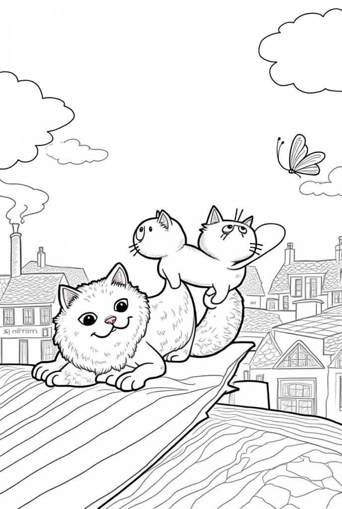 BLACK AND WHITE COLOR PAGE FOR CHILDREN OF 3 CATS ON THE ROOF