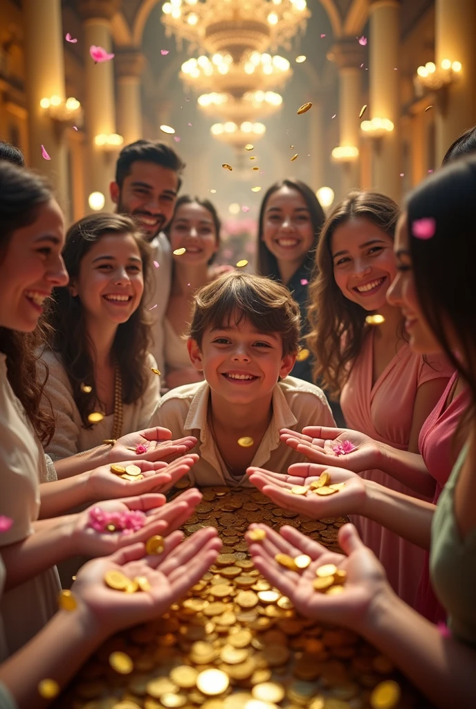 Lot of people happy together rich giving you money happily gold coins and pink flowers royal background and cute teen guy in center very happy and intelligent
