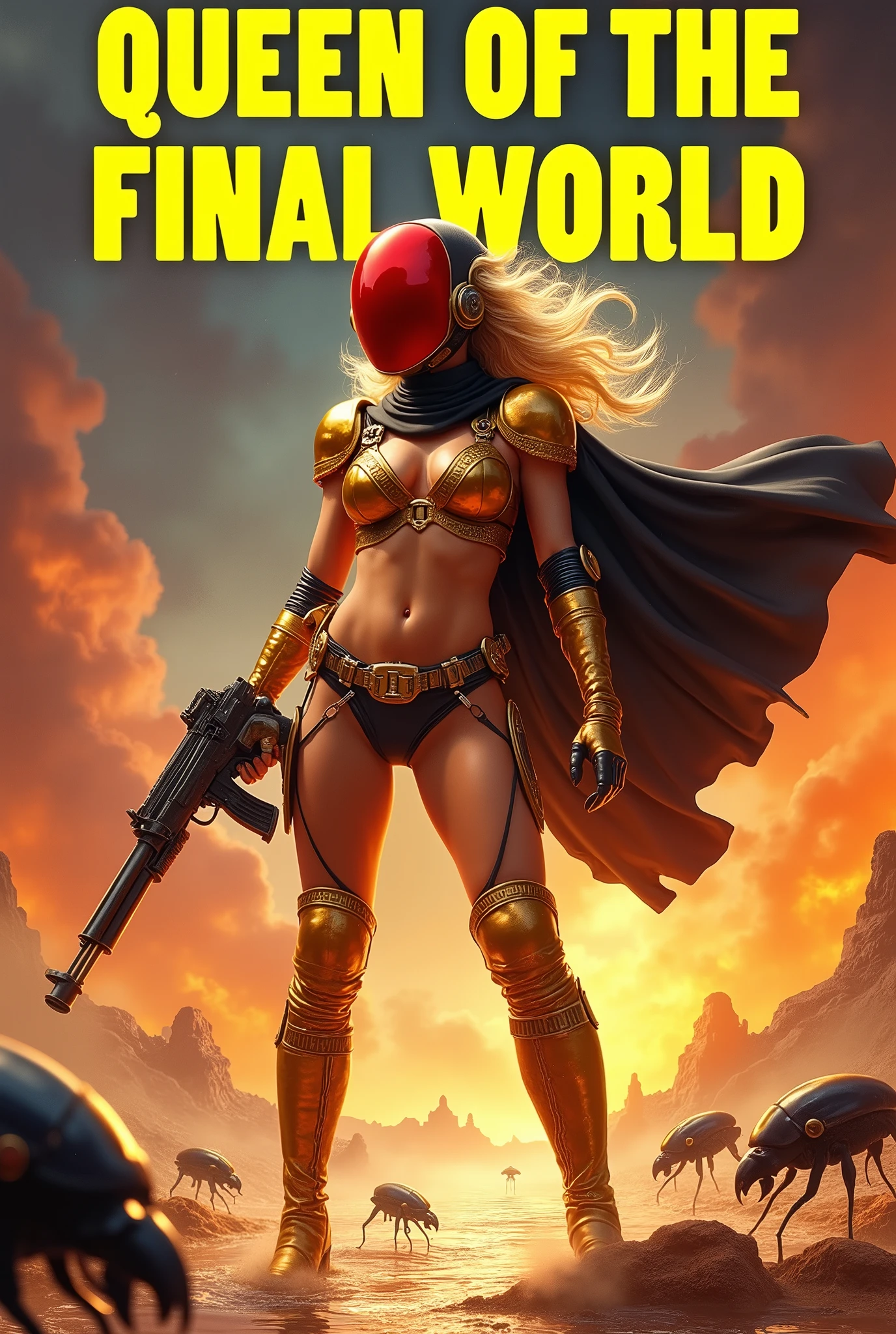 High quality, 2020s sci-fi movie poster, titled “Queen of the Final World” in bold large Yellow text centered on top, (40 years old), tall muscular ((middle eastern woman)), dramatic action pose, both hands holding a raygun, wide chin, big nose, broad shoulders, wide hips, thick thighs, blonde hair, red plastic helmet, golden shoulder pads, plunging neckline, (bare midriff), thigh-high boots, black cape, (standing in a river of fire) surrounded by beetle-men on desert alien planet, a smoldering