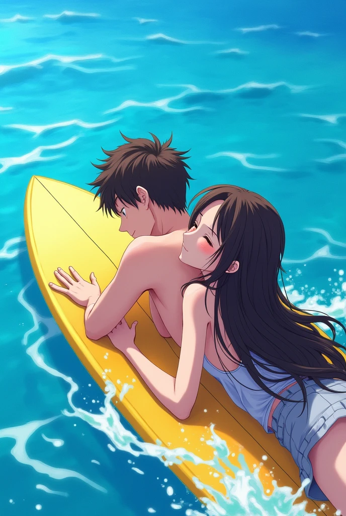 anime girl with dark brown hair lies belly down on a surfboard in the middle of the sea. her boyfriend lies on top of her with his eyes closed. they are both relaxed and enjoying themselves. the whole picture is from a third person, where you can only see their back and how they look into the distance of the sea