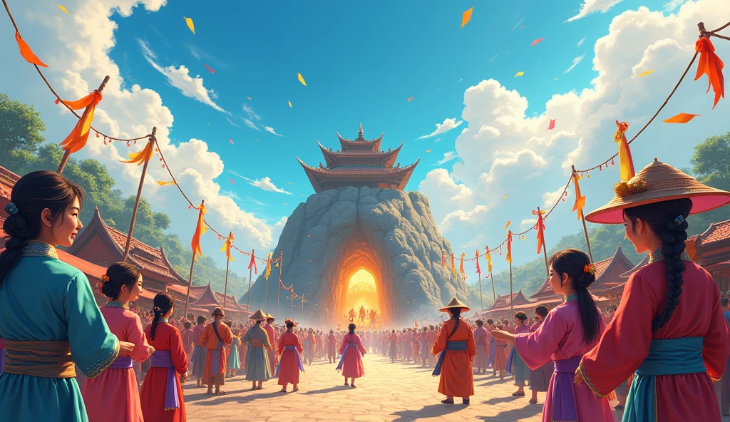 The festival scene creates a fun and lively atmosphere.。The whole village is dressed up in blue skies and white clouds.,Colorful flags fly in the sky,The villagers are wearing Zhuang costumes.,With smiles of joy and expectation,Let's get together。There is a mysterious cave in the middle of the village.,The light at the entrance to the cave is warm,Shine beautifully。shrine, fair