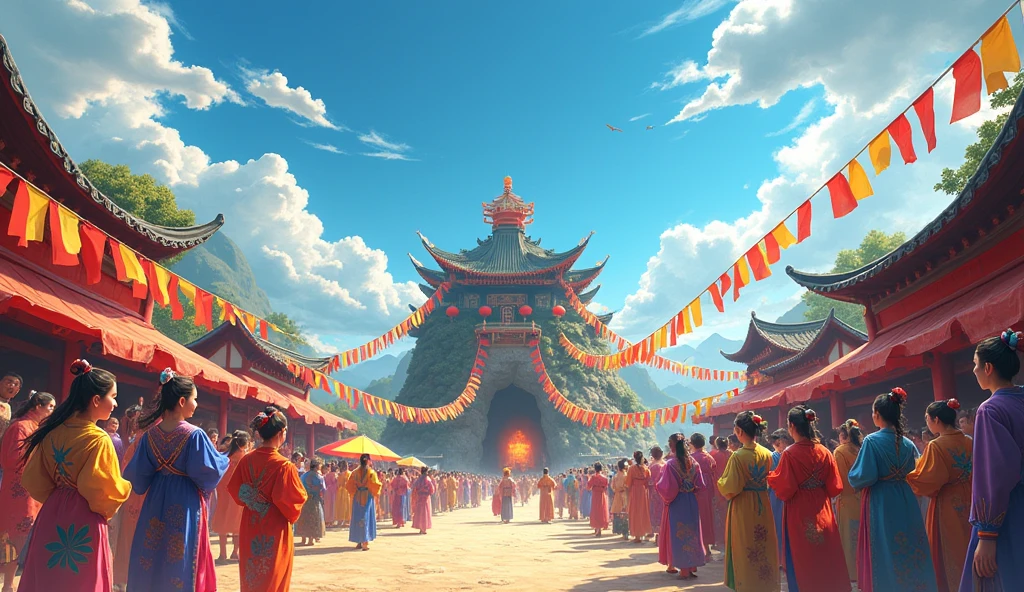 The festival scene creates a fun and lively atmosphere.。The whole village is dressed up in blue skies and white clouds.,Colorful flags fly in the sky,The villagers are wearing Zhuang costumes.,With smiles of joy and expectation,Let's get together。There is a mysterious cave in the middle of the village.,The light at the entrance to the cave is warm,Shine beautifully。shrine, fair
