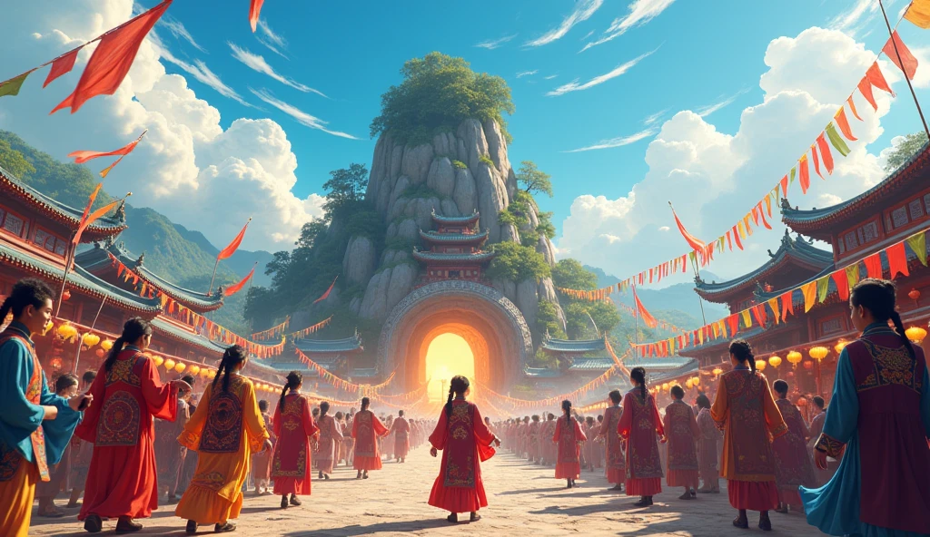 The festival scene creates a fun and lively atmosphere.。The whole village is dressed up in blue skies and white clouds.，Colorful flags fly in the sky，The villagers are wearing Zhuang costumes.，With smiles of joy and expectation，Let&#39;s get together。There is a mysterious cave in the middle of the village.，The light at the entrance to the cave is warm，Shine beautifully。shrine, fair