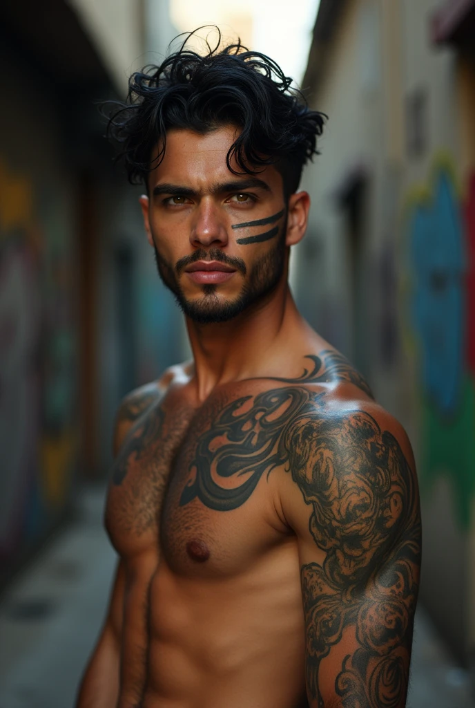 Black haired man l, golden eyes scar on one eye , pink mouth, shoulder tattoo, light brown
