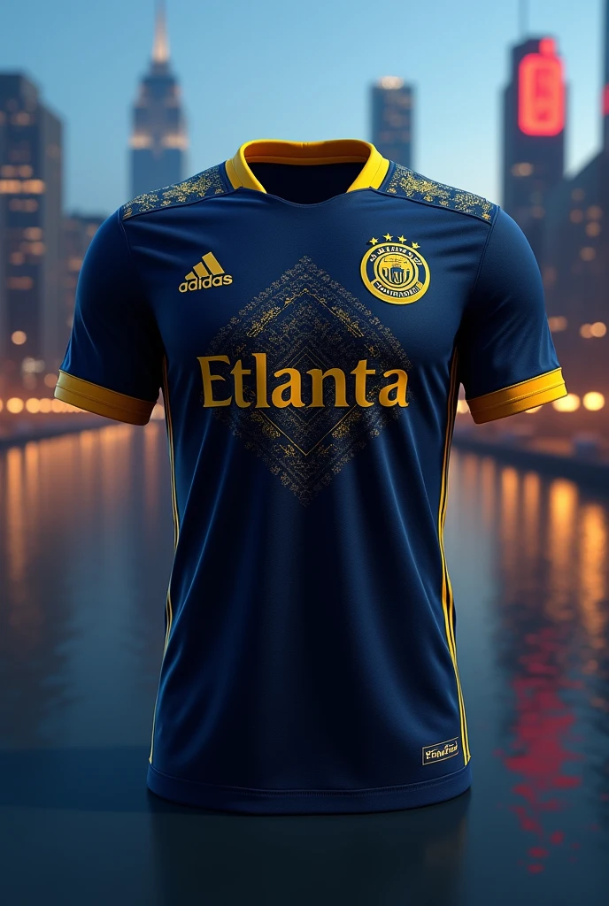 (Photorealism:1.2), atlanta city soccer jersey, dark navy blue with yellow details and well detailed (front and back of the shirt)
