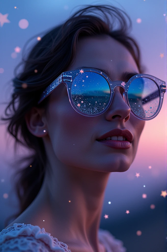 The model is wearing glass sunglasses with stars and the moon on the glass