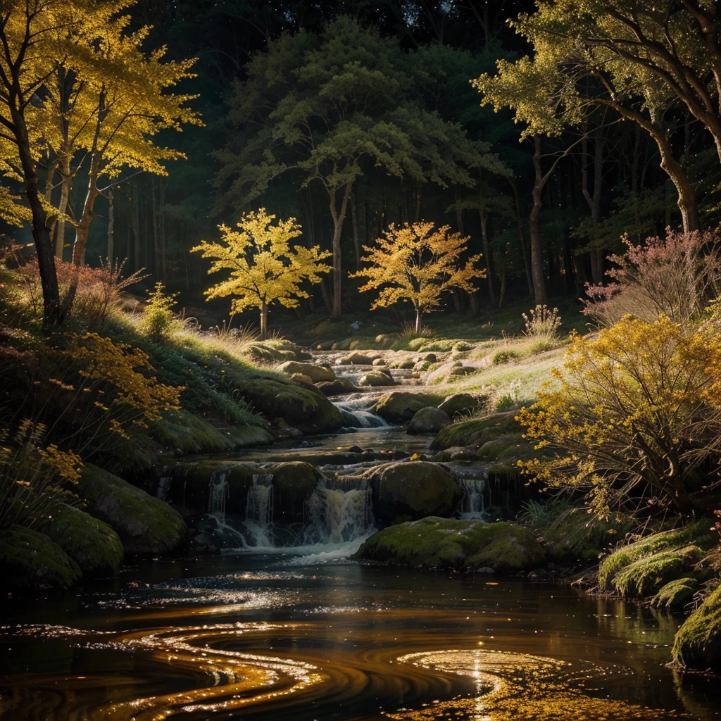 "A mystical forest with glowing trees, vibrant flowers, and a river of liquid gold flowing through. In the sky, two moons illuminate the scene with a soft, ethereal light."