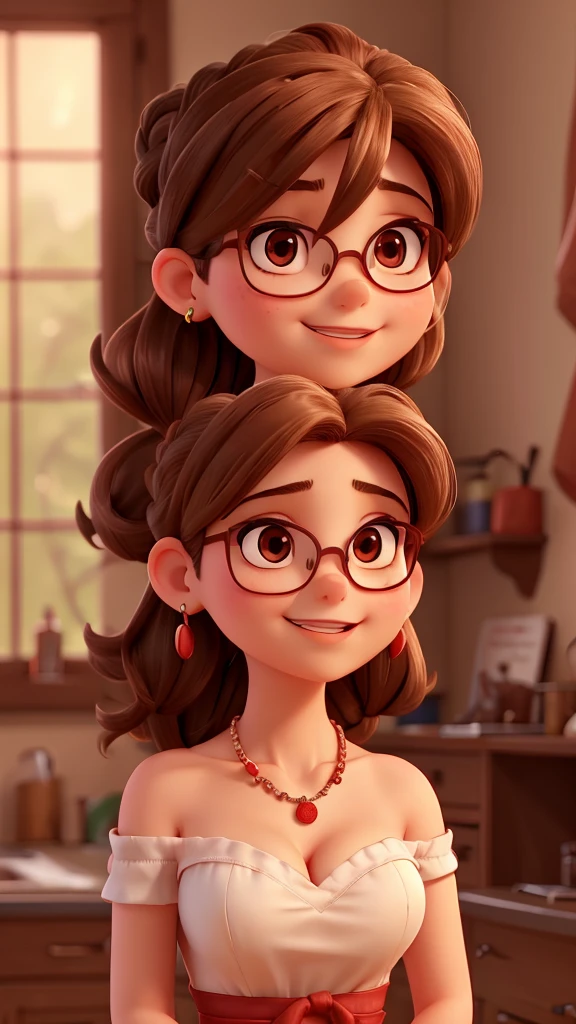 1girl, breasts, jewelry, cleavage, brown_hair, necklace, solo, brown_eyes, large_breasts, glasses, dress, earrings, open_mouth, indoors, red_dress, collarbone, smile, blurry_background, upper_body, single_hair_bun, hair_bun, looking_at_viewer, blurry, teeth, bare_shoulders, red_lips, artist_name, lips, makeup, blush