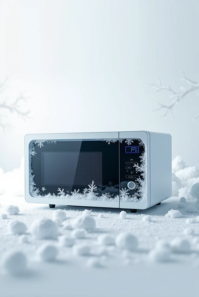 advertisement for a microwave that freezes, white background, winter look