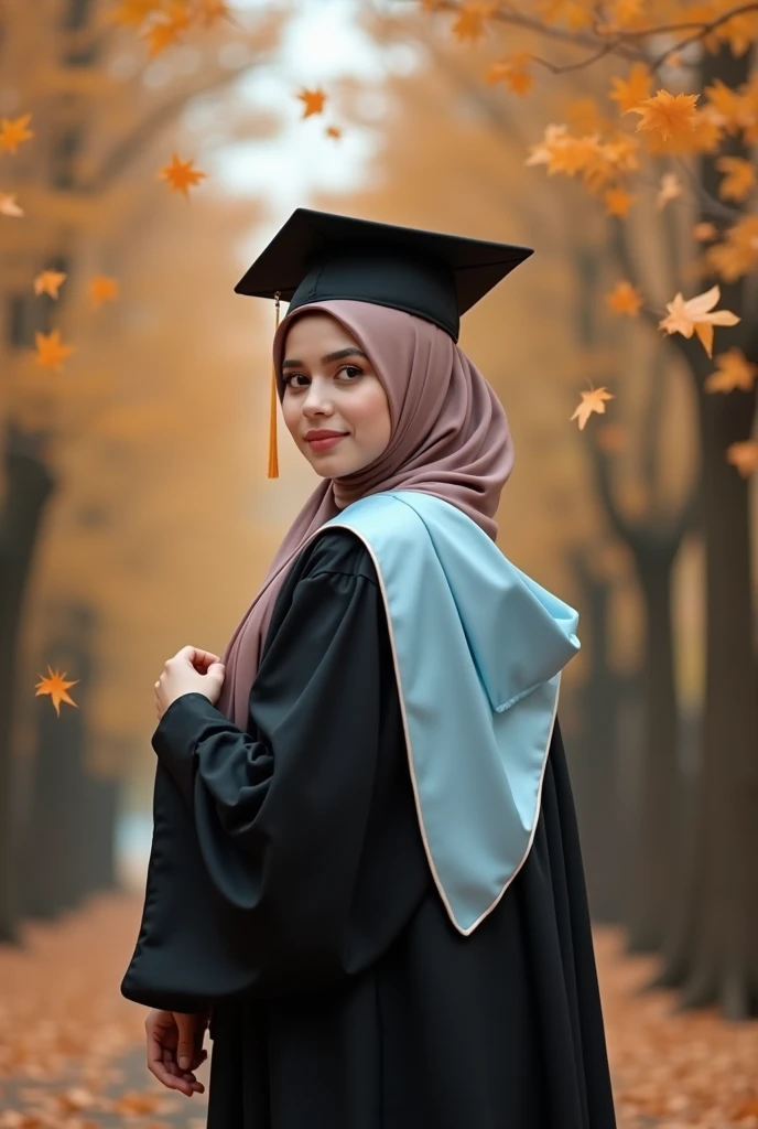 Consept art photography, fan art photography, a women, wearing hijab, pastel brown hijab, wearing black graduation hat, Wearing black graduation gown, wearing pastel blue graduation hood, cute pose, pastel brown theme background, forest background, leaf effect, pastel brown leaf effect, pastel brown lighting effect, volumetric lighting, perfect pose, infinity art design theme