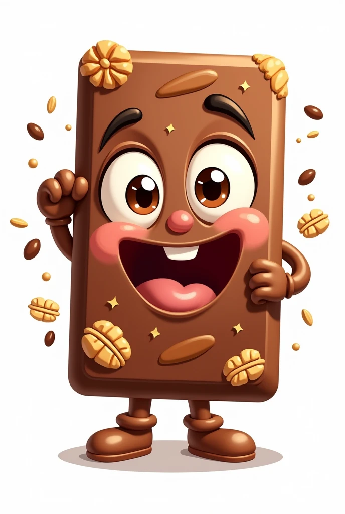 Create an image on a white background in the shape of a badge, a sort of medal. Representing a chocolate bar in cartoon style