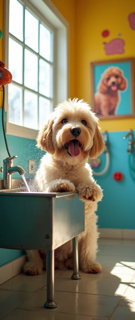 Dog washing room, water hoes hanging in the wall, add dog washing equipment and product, make the picture landscape and make the room forwarded 
Make the washer facing forwarded, close up shot
