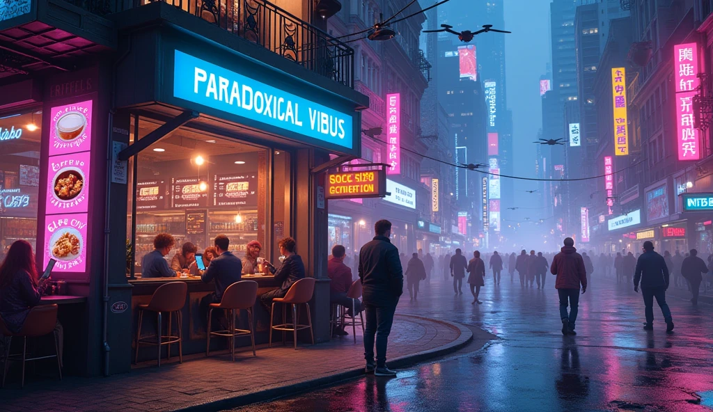 make a cyberpunk coffee house and above the coffee house which is written Paradoxical vibus on it and make it more realistic as all things are real
