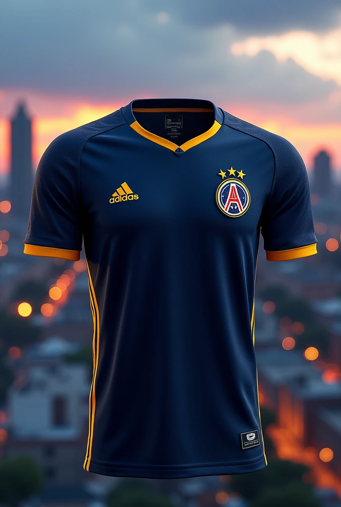 (Photorealism:1.2), atlanta city soccer jersey, dark navy blue with yellow details and well detailed (front and back of the shirt)