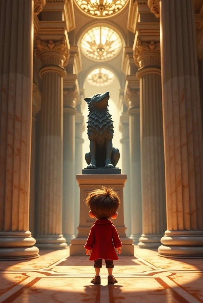 A whimsical animated image of a young boy with brown hair, bright and frightened hazel eyes, Standing in a grand museum gallery between ornate marble columns and intricate tile floors, Surrounded by luxurious chandeliers that cast a warm golden light. She is dressed in a red coat. in front of her, on a pedestal, There is a magnificent statue of an iron wolf. She looks and touches the statue. The general atmosphere is one of quiet wonder., with a