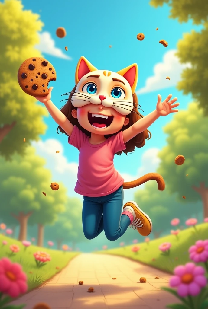 Create an image of a girl wearing a kitty mask and holding a cookie in her hand and jumping happily