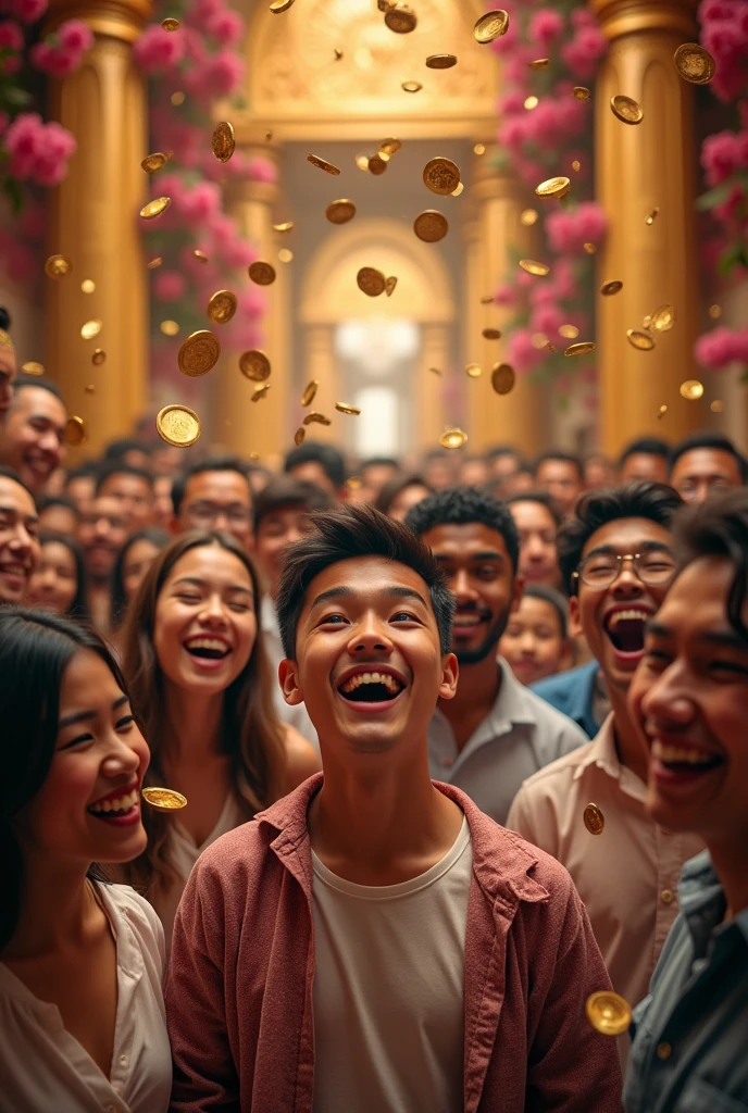Lot of people happy together rich giving you money happily gold coins and pink flowers royal background and cute guy in center very happy and intelligent