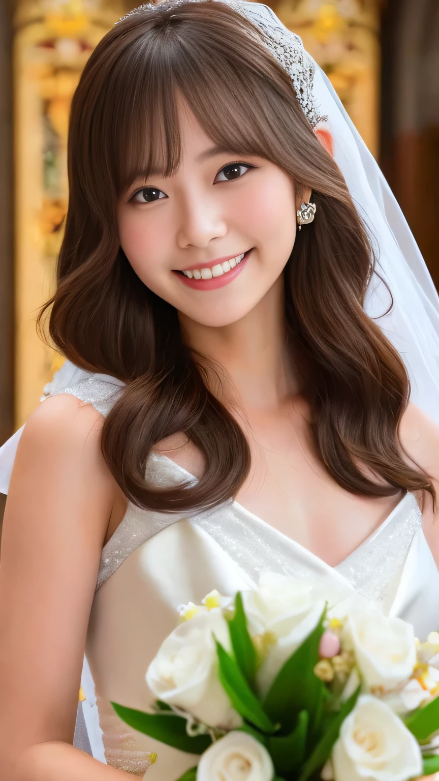 Highest quality, One girl per photo, Face close-up, View from the front, Young and cute Japanese, Wavy Hair, Wearing a veil, A big smile wearing a white shiny silk wedding dress, holding a bouquet in both hands at church, Super cute face, Glossy Lips, Double eyelids on both eyes, Glamorous makeup, Shiny and smooth light brown hair, Asymmetrical bangs, Sunburned skin, Center image, 8k resolution, Attention to detail, Detailed hairstyle, Detailed face, Cinema Lighting, Octane Rendering, Ultra-realistic, Perfect limbs, Perfect Anatomy、Center the screen、