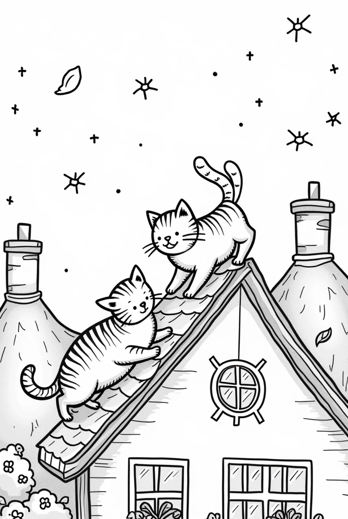 BLACK AND WHITE COLOR PAGE FOR CHILDREN OF 3 CATS WALKING ON THE ROOF