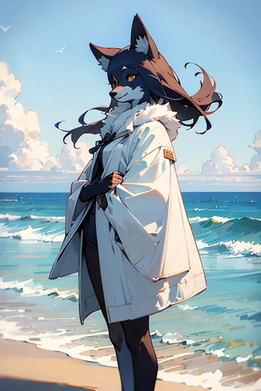 A beautiful furry woman stand in front of an ocean