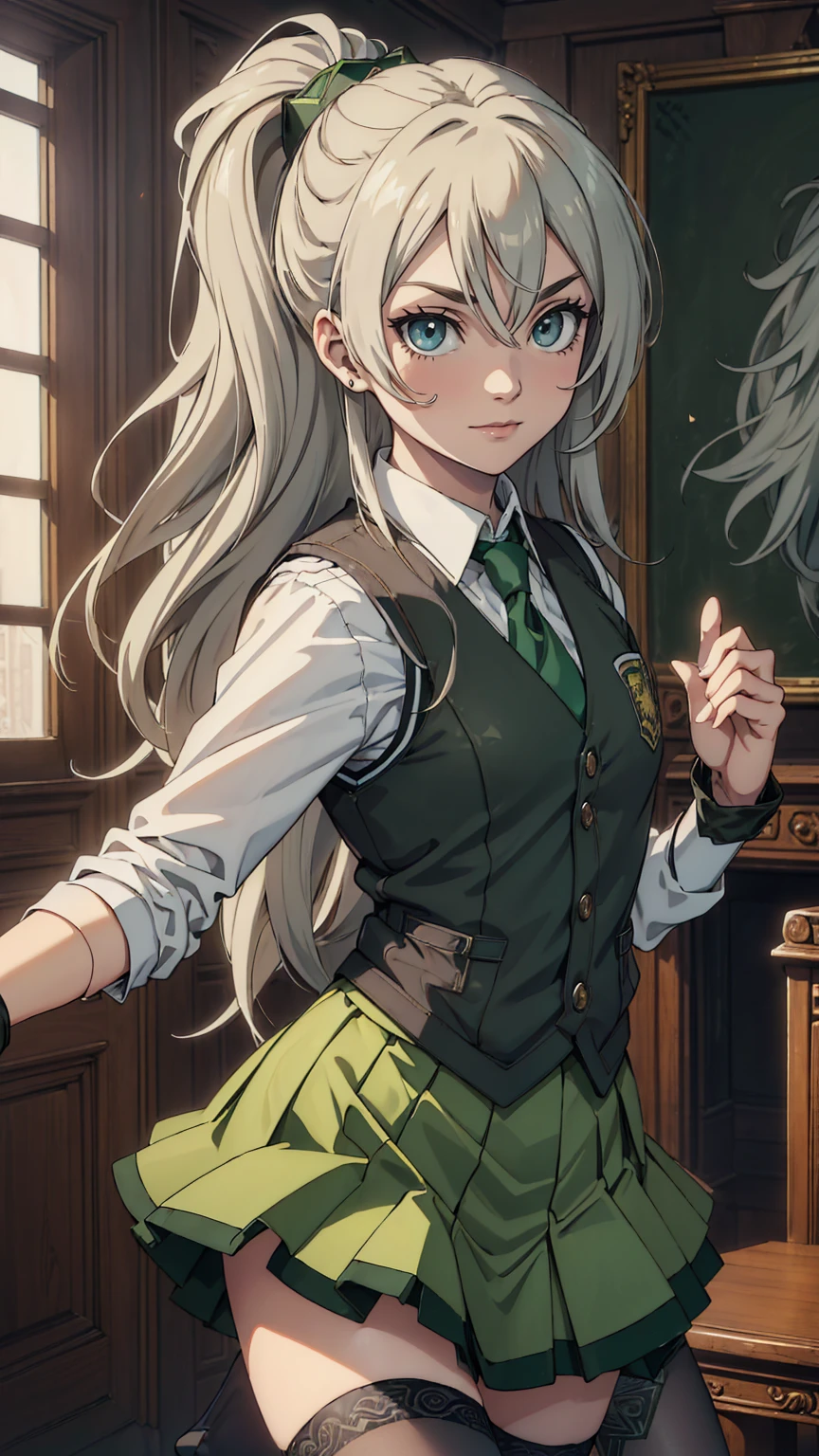 最high quality、Ultra High Definition, Ultra High Quality, Hyper Quality,  Extremely Detailed, Best image quality、masterpiece、woman((20-year-old、super dynamic pose , dancing, Green solid eyes, Silver long Hair、Disheveled Hair、White Grey Hair、thin,Fingerless Glove、Green Skirt, Tights, Smirk、cheerful expression、Brown School Vest , Dressed in  School Uniform)),high quality、Beautiful art、background((Inside the mansion))、Written boundary depth、 dynamic pose, Anime style 、Visual Arts、8K,Genuine、