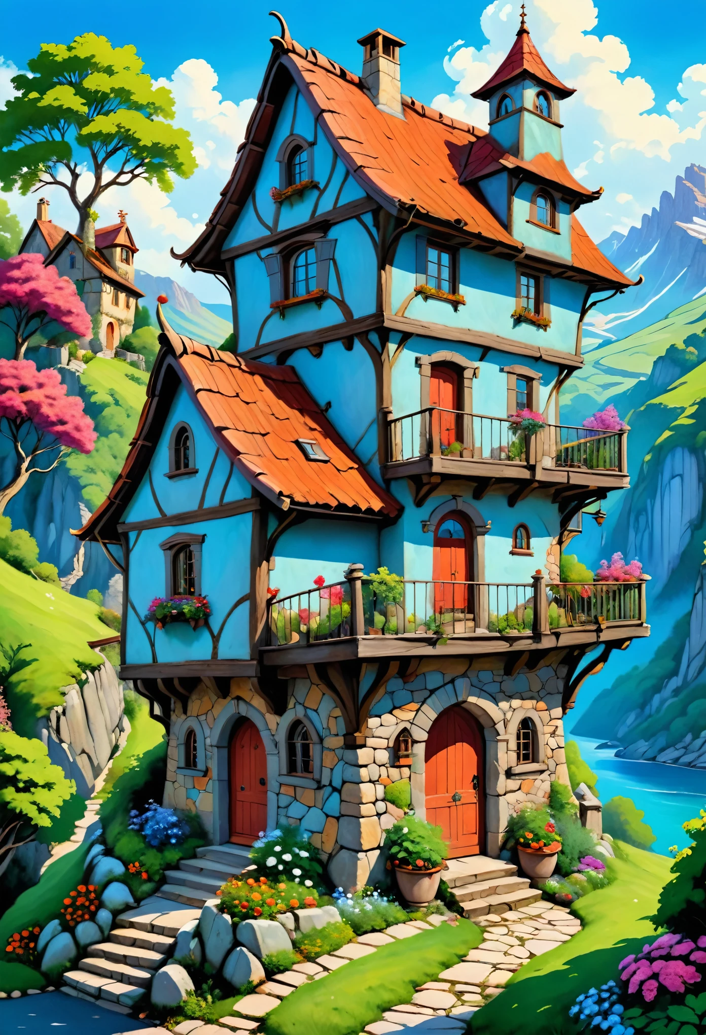 Vibrant, detailed digital painting of a whimsical, multi-story house perched on a rocky cliff. The house features a mix of wooden and stone elements, with steep, red-tiled roofs and multiple chimneys. The structure is surrounded by lush greenery, including trees, bushes, and colorful flowers, creating a lively and enchanting atmosphere. The sky is filled with fluffy, white clouds against a bright blue backdrop, adding to the overall cheerful and magical feel of the scene. The painting is rich in color and texture, with intricate details that bring the fantasy setting to life.