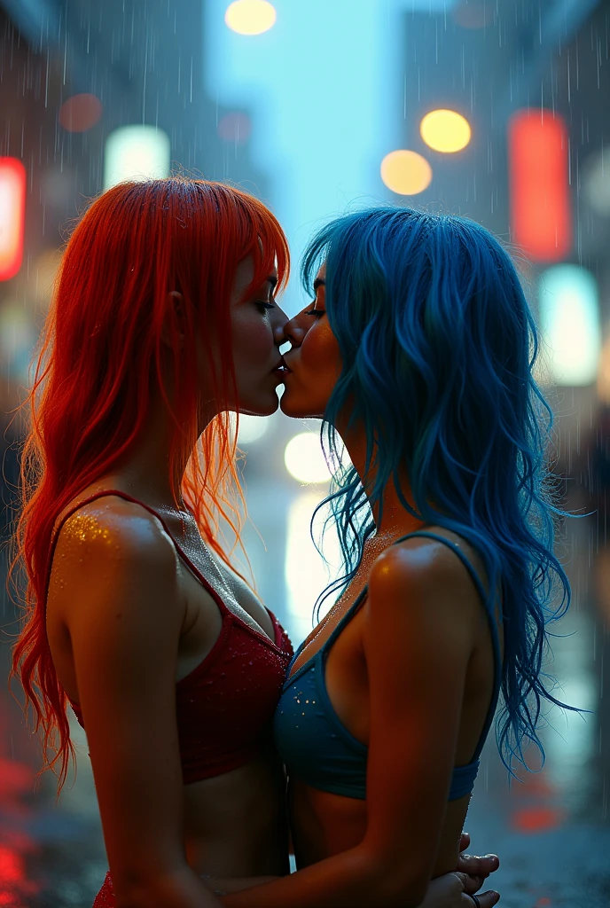 red-haired woman, wearing glasses, kissing a japanese woman with blue hair, under the rain, with wet bodies, both naked