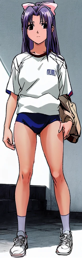 Momoko Koigakubo, a tall girl with beautiful legs, stands in a white gym uniform and light navy blue bloomers that look like panties.。